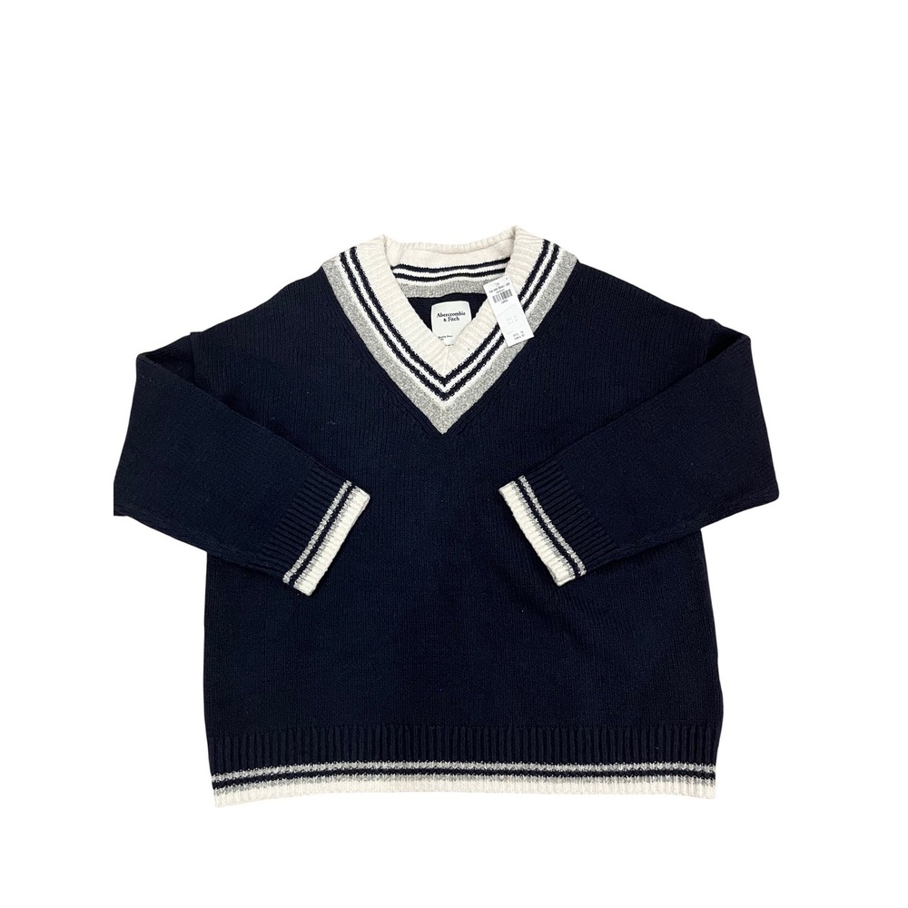 Abercrombie & Fitch Navy Varsity V-Neck Sweater Metallic Stripe Large NWT
